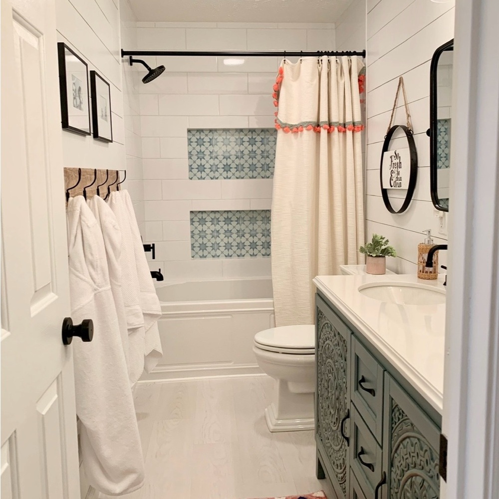 Anthropologie Cream Shower Curtain with Coral Pom-Pom Trim